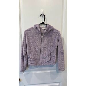 no comment girls Lavender Heart Pattern Fuzzy Zip-Up Hoodie Jacket M 10/12
